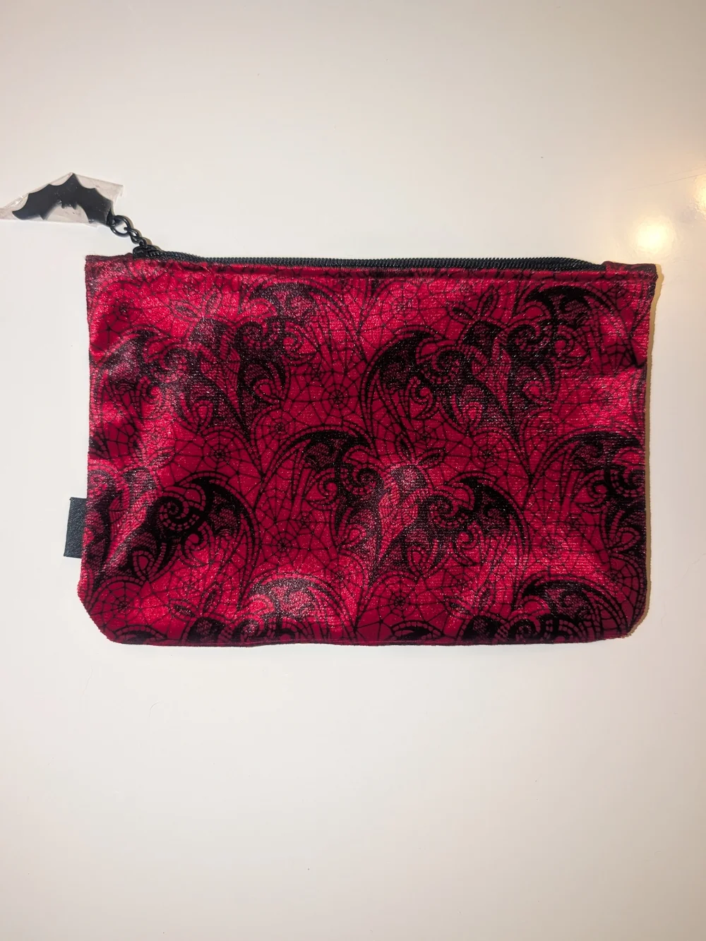 $5 IPSY HALLOWEEN BAT Stylish Red Velvet Zip Pouch with Black Lace Pattern